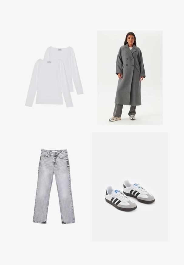 Dubbelzijdig grijs wollen jasje met brede revers, grote knopen en zijzakken. Lange, gestructureerde silhouet met een zachte textuur.; Twee witte longsleeve tops, met ronde halslijnen en zachte stof, met minimale naden en strakke lijnen voor een veelzijdige look.; Grijze denim jeans met een rechte pijp, versleten details, vijf zakken en koperen klinknagels. De tailleband is voorzien van een logo-label.; Sportschoenen met een witte leren bovenkant, grijze suède neus en drie zwarte strepen. Bevat een blauw logo op de tong en een gestructureerde rubberen zool.