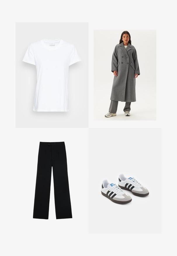 Cappotto grigio in lana doppiopetto con ampi revers, grandi bottoni e tasche laterali. Silhouette lunga e strutturata con una texture morbida.; T-shirt bianco a maniche corte realizzato in cotone morbido. Presenta un colletto rotondo e una vestibilità leggermente ampia con aperture laterali per un comfort maggiore.; Pantaloni neri a gamba larga realizzati in tessuto morbido, con chiusura frontale a bottoni e due pieghe per un dettaglio aggiuntivo. Design su misura in generale.; Scarpe sportive con tomaia in pelle bianca, punta in suede grigia e tre strisce nere. Presentano un logo blu sulla linguetta e una suola in gomma testurizzata.