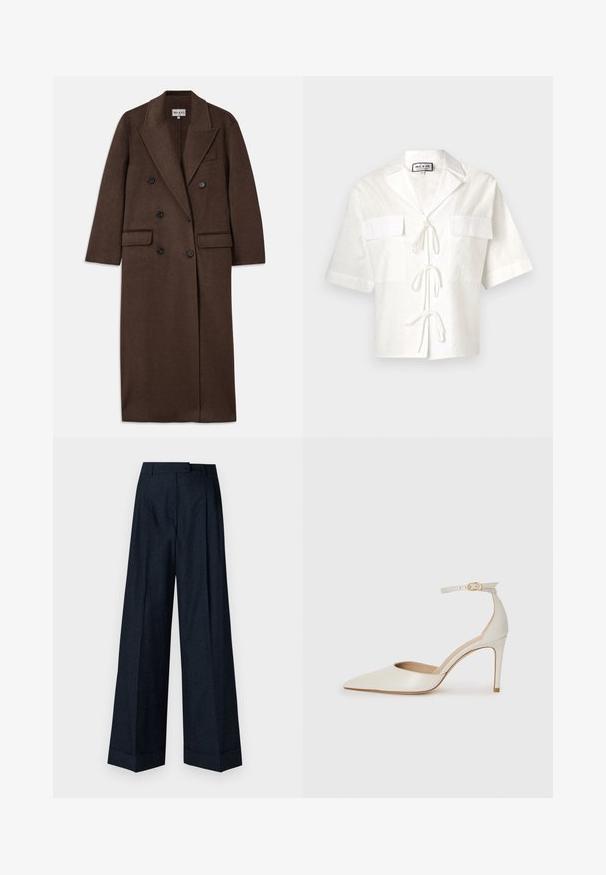 Hnědý dlouhý kabát z vlněné směsi, s dvouřadým zapínáním, černými knoflíky, velkými klopami a dvěma předními kapsami.; Bílá krátká košile s límečkem, která má dvě přední kapsy a zavírání na kravatu uprostřed. Texturovaná látka s jemným vzorem.; Kalhoty s širokými nohavicemi v tmavě námořnické barvě, se subtilním texturovaným květinovým vzorem, upraveným pasem a ostrými manžetami na spodním lemu.; Bílé kožené lodičky na vysokém podpatku s špičatou špičkou, kotníkovým páskem a štíhlým jehlovým podpatkem. Hladká textura s mírným lesklým povrchem.