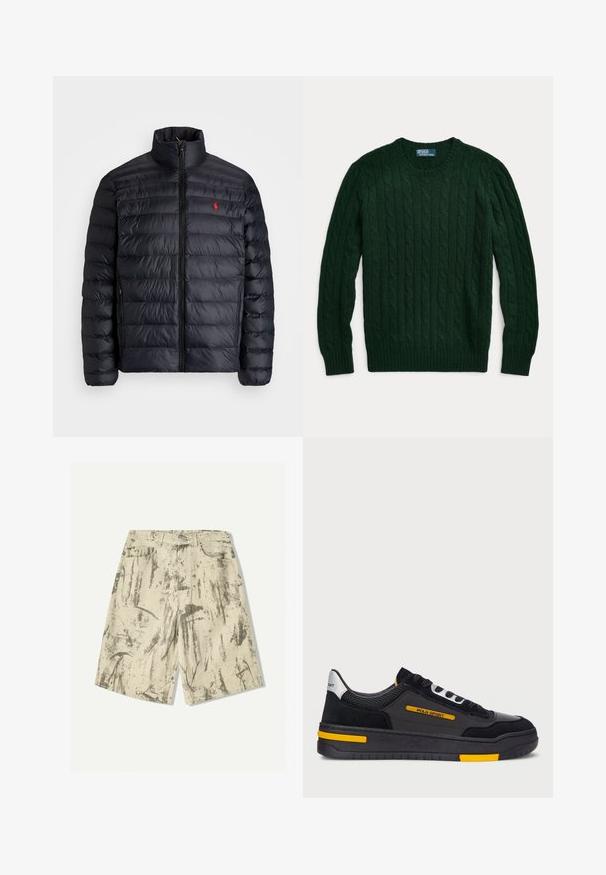 Black puffer jacket with a high collar, featuring quilted texture and a front zipper. Notable red logo on the chest, two side pockets.; Polo Ralph Lauren THE ICONIC CABLE-KNIT CASHMERE SWEATER UNISEX - Jumper - moss agate; Beige shorts made of denim with a textured abstract gray design, featuring two front pockets and a classic button closure.; Black sneakers with a suede and mesh upper, yellow accents, and a thick black sole. Lace-up closure and "POLO SPORT" branding on the side.