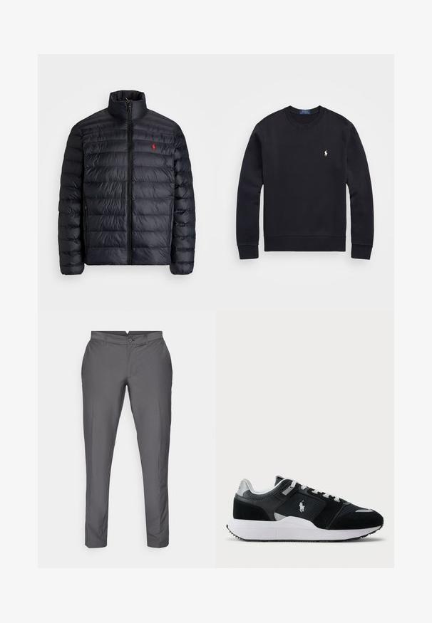 Giacca a vento nera con colletto alto, caratterizzata da una texture trapuntata e una chiusura frontale con zip. Logo rosso ben visibile sul petto, due tasche laterali.; Felpa nera realizzata in misto cotone, con collo rotondo, maniche lunghe, polsini e orlo a costine, dotata di un piccolo logo ricamato sul petto.; Pantaloni grigi in tessuto liscio. Presentano una vestibilità su misura con fronte piatto, passanti per cintura e chiusura con bottone. Design classico.; Sneaker basso in bianco e nero con tomaia in rete e suede, lacci bianchi, suola bianca e logo di un giocatore di polo di lato.