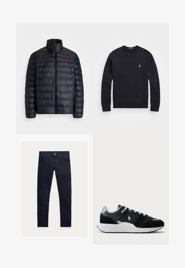 Černá péřová bunda s vysokým límcem, vybavená prošívanou texturou a předním zipem. Výrazné červené logo na hrudi, dvě boční kapsy.; Černý sweatshirt vyrobený z bavlněné směsi, s kulatým výstřihem, dlouhými rukávy, ribovanými manžetami a lemem, a s malým vyšitým logem na hrudi.; Tmavě modré džínové kalhoty s úzkým střihem. Mají pět kapes, zip a kovové zapínání na knoflík. Hladká struktura s minimálním vyblednutím.; Černobílé nízké tenisky s vrchní částí z síťoviny a semiše, bílé tkaničky, bílá podešev a logo póla na boku.