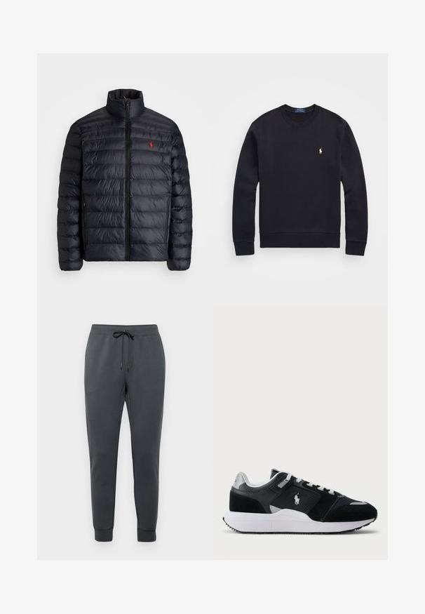 Casaco puffer preto com gola alta, apresentando textura acolchoada e um fecho à frente. Logotipo vermelho notável no peito, dois bolsos laterais.; Sweatshirt preto feito de mistura de algodão, com decote redondo, mangas longas, punhos e bainha canelados, apresentando um pequeno logótipo bordado no peito.; Polo Ralph Lauren DOUBLE-KNIT JOGGER PANT - Calças de fato de treino - charcoal grey; Sapatilha baixa em preto e branco com parte superior em malha e camurça, atacadores brancos, sola branca e um logo de jogador de polo na lateral.