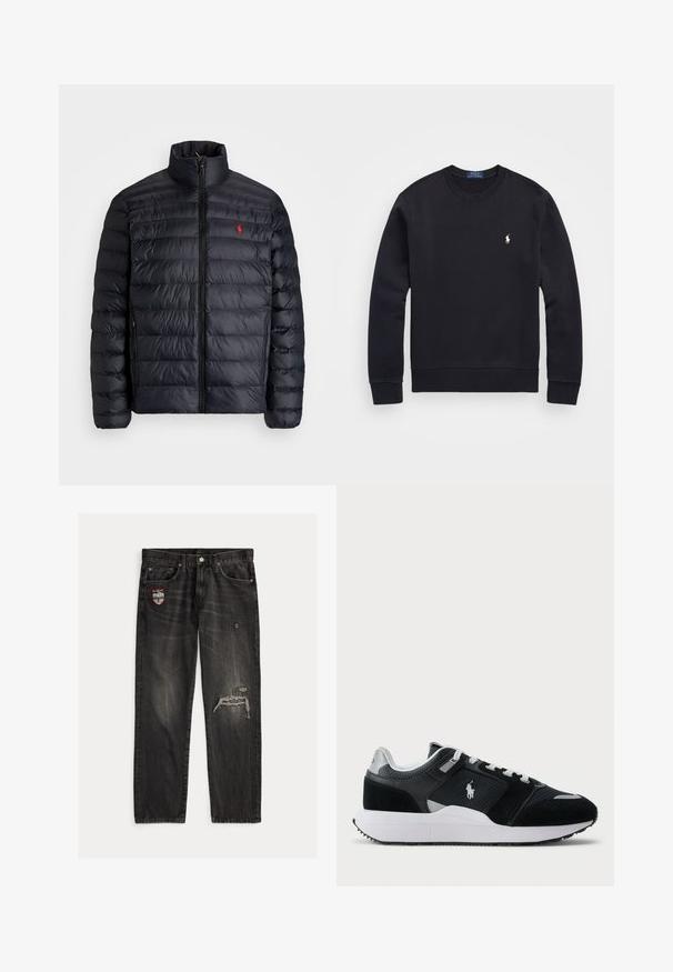 Casaco puffer preto com gola alta, apresentando textura acolchoada e um fecho à frente. Logotipo vermelho notável no peito, dois bolsos laterais.; Sweatshirt preto feito de mistura de algodão, com decote redondo, mangas longas, punhos e bainha canelados, apresentando um pequeno logótipo bordado no peito.; Calças de ganga preta com corte de perna reta, detalhes desgastados e um remendo no bolso esquerdo. Apresentam costura visível e textura desbotada.; Sapatilha baixa em preto e branco com parte superior em malha e camurça, atacadores brancos, sola branca e um logo de jogador de polo na lateral.