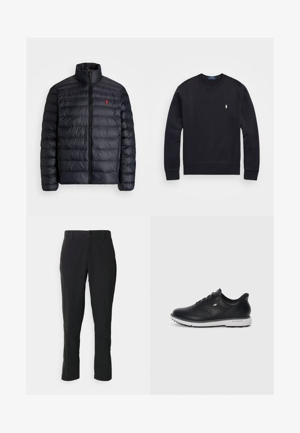 Melnā pūkainā jaka ar augstu apkakli, ar kvadrātkūtīgu tekstūru un priekšējo rāvējslēdzēju. Ievērojams sarkans logos uz krūtīm, divas sānu kabatas.; Melnā kapučjakas izgatavots no kokvilnas maisījuma, ar apaļu kaklu, garām piedurknēm, ribota apakšmala un piedurkņu galiem, un ar nelielu izšūtu logo uz krūšu daļas.; Melnas bikses no austu auduma ar taisnu kāju dizainu, priekšējām kabatām un vienu pogu ar rāvējslēdzēju.; Melna ādas kurpju tipa Sneaker no Skechers ar baltu zoli, sānu logo un teksturētu virsmu uz zoles, uz vienkārša gaiša fona.