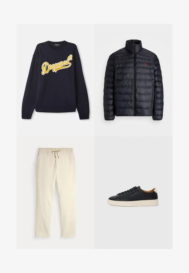 Black puffer jacket with a high collar, featuring quilted texture and a front zipper. Notable red logo on the chest, two side pockets.; Navy sweater made of soft fabric, featuring a large yellow embroidered "Dsquared²" logo on the front, ribbed collar, cuffs, and hem.; Off-white casual pants with elastic waistband and drawstring, straight legs, and side pockets against a plain background.; Black leather sneakers with a smooth texture, beige rubber sole, lace-up design, and a contrasting heel accent.