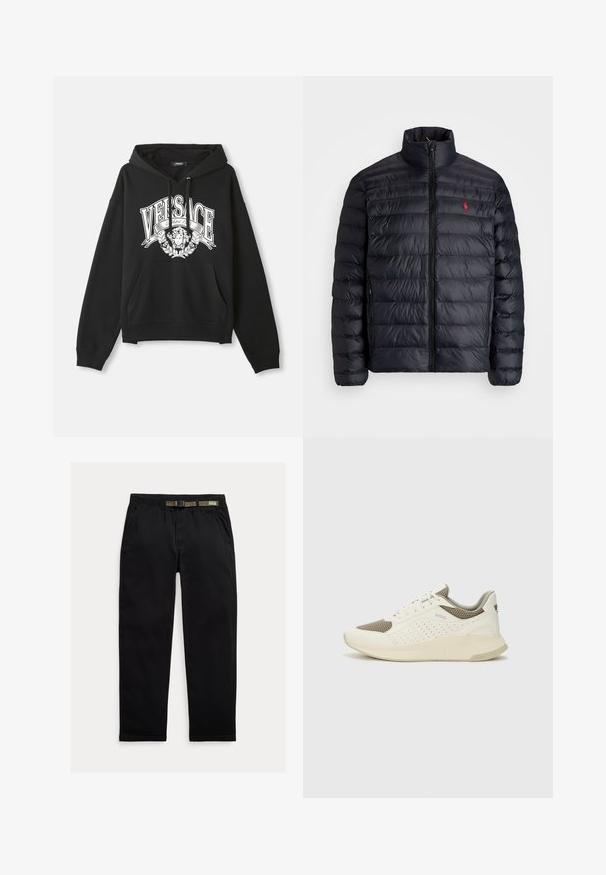 Black puffer jacket with a high collar, featuring quilted texture and a front zipper. Notable red logo on the chest, two side pockets.; Black hooded sweatshirt with white "VERSACE" text and Medusa head logo centered on the chest, featuring front kangaroo pocket and drawstrings.; Black pants made of lightweight fabric, featuring an elastic waistband with an integrated green belt, straight-leg cut, and side pockets.; White and light beige athletic sneaker, featuring a mesh upper, perforated detailing, and a textured midsole with branding on the heel.