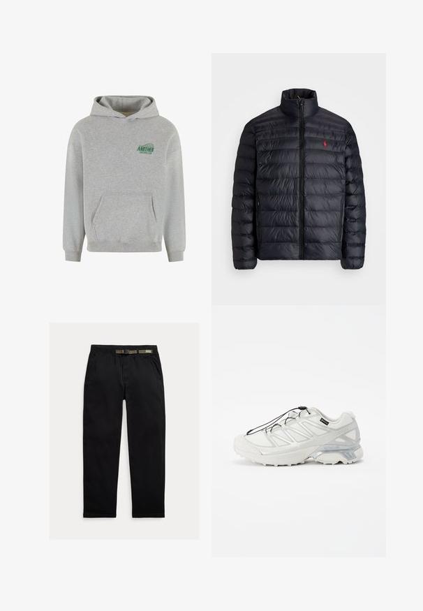 Zwarte pufferjas met hoge kraag, met een gequiltde textuur en een rits aan de voorkant. Opvallend rood logo op de borst, twee zijzakken.; Grijze katoenen hoodie met een voorzak in kangoeroestijl, ribgebreide manchetten en onderrand, en een groen "ANOTHER COTTON LAB"-logo op de linkerkant van de borst.; Zwarte broek van lichtgewicht stof, met een elastische tailleband en een geïntegreerde groene riem, recht model en zijzakken.; Witte sportieve schoen met een textuur van gaas bovenwerk, reflecterende accenten en een gevoerde zool. Voorzien van elastische veters en grijze details.