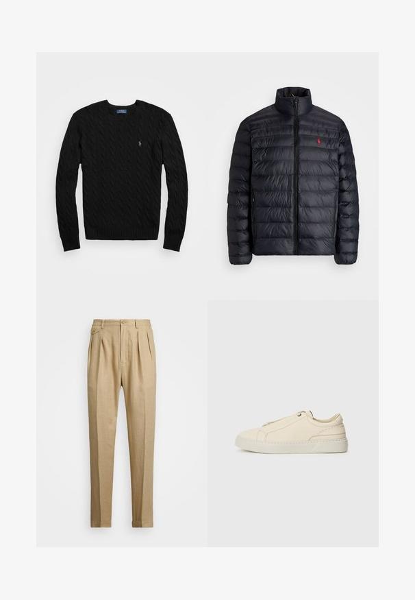 Juodas pūkuotas džemperis su aukštu apykakle, turintis siuvinėtą tekstūrą ir užtrauktuką priekyje. Pastebimas raudonas logotipas ant krūtinės, dvi šoninės kišenės.; Juodas megztinis su pynėmis, apvalia iškirpte, rauktomis rankogaliais ir apatine dalimi, su mažuoju siuvinėtu logotipu kairėje pusėje.; Bežinės lininės kelnės tiesaus kirpimo, turinčios dvi priekinės klostes, sagų užsegimą ir šonines kišenes. Tekstūruotas audinys su lygiu paviršiumi.; Kreminio odos sportbačiai su apvaliu nosiu, minimalistiniu dizainu, subtiliomis siuvimo detalėmis ir tekstūrine viršutine dalimi, ant šviesios pado.