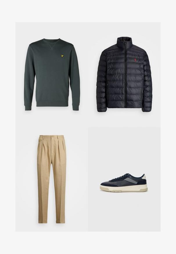 Casaco puffer preto com gola alta, apresentando textura acolchoada e um fecho à frente. Logotipo vermelho notável no peito, dois bolsos laterais.; Sweatshirt verde escuro feito de um tecido macio, com decote redondo, mangas longas e um pequeno logótipo amarelo no peito esquerdo.; Calças de linho bege com corte reto, apresentando dois plissados frontais, fecho com botão e bolsos laterais. Tecido texturizado com um acabamento suave.; BOSS BALTIMORE - Sapatilhas - open blue