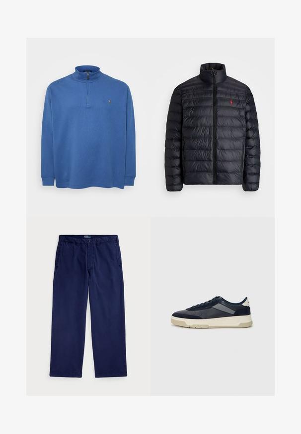 Black puffer jacket with a high collar, featuring quilted texture and a front zipper. Notable red logo on the chest, two side pockets.; Blue zip-up pullover made of soft fabric with long sleeves, a high collar, and a small logo on the chest. Textured design throughout.; Navy blue cotton chinos with a straight leg design, featuring side pockets and a button closure at the waist. Smooth texture, classic fit.; BOSS BALTIMORE - Trainers - open blue