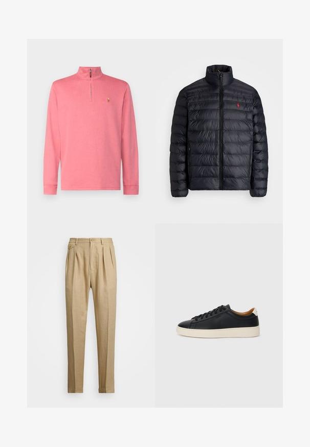 Doudoune noire avec col montant, présentant une texture matelassée et une fermeture éclair avant. Logo rouge bien visible sur la poitrine, deux poches latérales.; Polo Ralph Lauren ESTATE RIB QUARTER ZIP PULLOVER - Pullover - adirondack berry; Pantalons en lin beige avec une coupe droite, arbore deux pinces à l'avant, une fermeture à bouton et des poches latérales. Tissu texturé avec une finition lisse.; Baskets en cuir noir avec une texture lisse, semelle en caoutchouc beige, design à lacets et accent de talon contrasté.