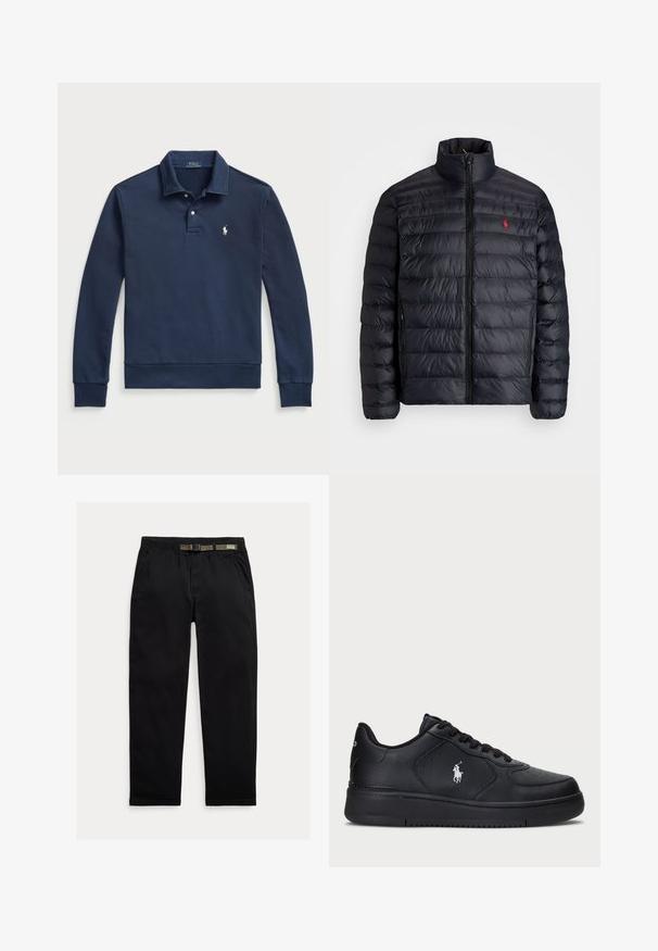 Svart puffjakke med høy krage, med kviltet tekstur og frontglidelås. Merkbar rød logo på brystet, to sidelommer.; Polo Ralph Lauren LOOPBACK COLLARED SWEATSHIRT - Sweatshirt - cruise navy; Sorte bukser laget av lett stoff, med strikk i midjen og en integrert grønn belte, rett ben-kutt og sidelommer.; Sorte lær sneakers med perforert design, flat snøring og en hvit brodert logo på siden. Tykk svart gummisåle.