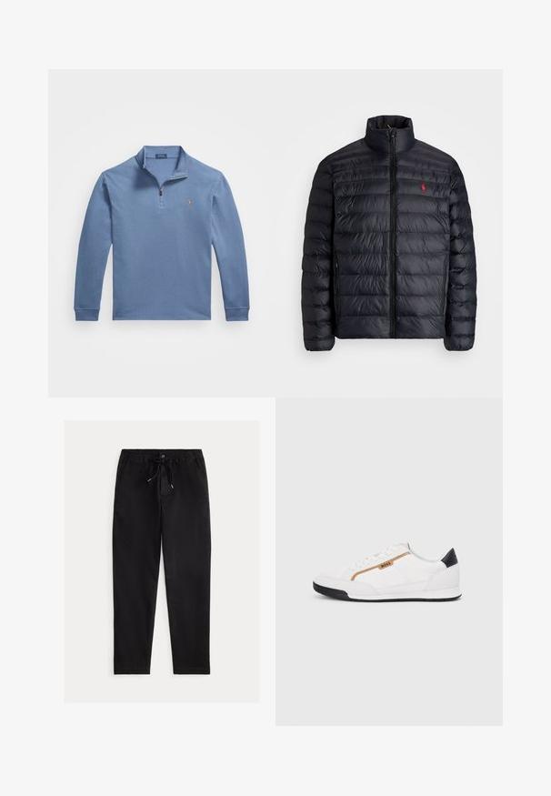 Melnā pūkainā jaka ar augstu apkakli, ar kvadrātkūtīgu tekstūru un priekšējo rāvējslēdzēju. Ievērojams sarkans logos uz krūtīm, divas sānu kabatas.; Zils garām piedurknēm polo krekls, kas izgatavots no kokvilnas, ar pus-izsienamu apkakli, ribota piedurkņu gala un mazu izšuvumu uz krūts.; Melnas, brīva griezuma bikses ar elastīgu jostu, auklu un priekšējiem kabatām. Izgatavotas no gludas, vieglas auduma.; Baltijas krāsā baltas sporta kurpes ar acu un ādas akcentiem. Iezīmējas ar zelta "BOSS" logo, teksturētām sānu paneļiem un melnu papēža kapu. Gumijas zole.