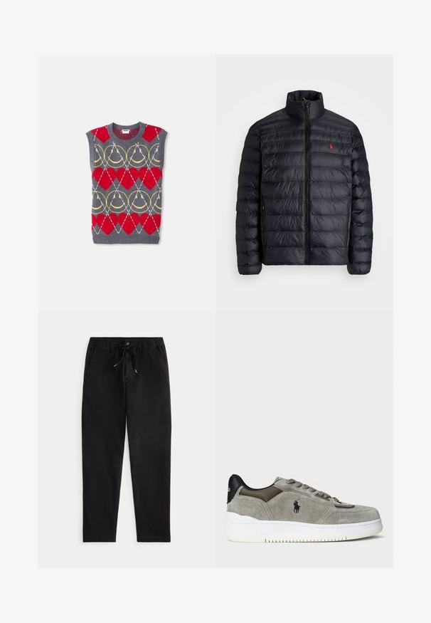 Svart pufferjacka med hög krage, med kviltad struktur och dragkedja fram. Anmärkningsvärd röd logotyp på bröstet, två sidofickor.; Ärmlös grå stickad väst med röda hjärtan, gula kedjor och vita diagonala linjer i ett upprepande mönster, märkt Moschino.; Svarta avslappnade byxor med elastiskt midjeband, snörning, framknapp och sidofickor, visade på en enfärgad bakgrund.; Grå mockaskor med en strukturerad överdel, kontrasterande svart häl, vit sula och broderad logotyp. Snörningsdesign med sex hål.