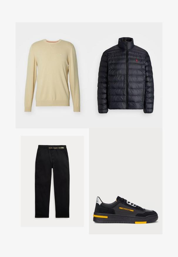 Melnā pūkainā jaka ar augstu apkakli, ar kvadrātkūtīgu tekstūru un priekšējo rāvējslēdzēju. Ievērojams sarkans logos uz krūtīm, divas sānu kabatas.; Bezs krāsas adīts džemperis ar garām piedurknēm, apaļu kaklu, smalku tekstūru un nelielu logotipu uz krūtīm. Ar sarkanu detaļu pie iekšējā kakla.; Melnas bikses, izgatavotas no viegla auduma, ar elastīgu jostu un integrētu zaļu jostu, taisna piegriezuma un sānu kabatām.; Melnas kedas ar zamša un sieta augšdaļu, dzelteniem akcentiem un resnu melnu zoli. Piesaista ar šņorēm un "POLO SPORT" zīmolu sānos.