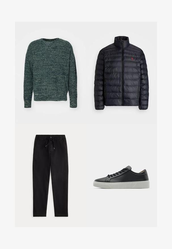 Černá péřová bunda s vysokým límcem, vybavená prošívanou texturou a předním zipem. Výrazné červené logo na hrudi, dvě boční kapsy.; Tmavě zelený, strukturovaný pletený svetr s kulatým výstřihem, dlouhými rukávy a volným střihem. Po celé ploše jsou jemné kontrastní vzory z příze.; Černé volné kalhoty se elastickým pasem, tkaničkou, předním knoflíkem a bočními kapsami, vystavené na jednoduchém pozadí.; Černé kožené tenisky s hladkým povrchem, kulatou špičkou a černými šňůrkami. Disponují silnou bílou gumovou podrážkou s jemnými geometrickými akcenty.