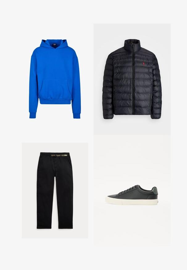 Svart pufferjacka med hög krage, med kviltad struktur och dragkedja fram. Anmärkningsvärd röd logotyp på bröstet, två sidofickor.; Blå huvtröja med frontficka, ribbade ärmslut och nederkant. Tillverkad av mjukt tyg, med avslappnad passform och inga synliga logotyper.; Svarta byxor tillverkade av lättviktigt tyg, med en elastisk midja och ett integrerat grönt bälte, rakt ben och sidofickor.; Svarta lädersneakers med en texturerad yta, vit gummisula, rund tå och grönt inslag vid hälen. Design med snörning genom sex öglor.