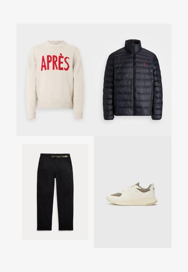 Doudoune noire avec col montant, présentant une texture matelassée et une fermeture éclair avant. Logo rouge bien visible sur la poitrine, deux poches latérales.; Pull en tricot beige avec des poignets et un ourlet côtelés, mettant en avant le texte rouge audacieux "APRÈS" sur la poitrine.; Pantalon noir en tissu léger, avec une taille élastique intégrant une ceinture verte, coupe droite et poches latérales.; Basket de sport blanche et beige clair, avec une tige en maille, des détails perforés et une semelle intermédiaire texturée avec un logo sur le talon.