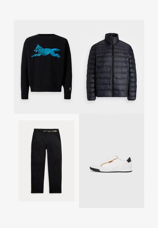 Čierna páperová bunda s vysokým golierom, s prešívanou textúrou a predným zipsom. Znateľné červené logo na hrudi, dve bočné vrecká.; Čierna mikina so tyrkysovou grafikou skáčucej líšky. Obsahuje rebrované manžety a lem a malú značku zmrzlinového kornúta na rukáve.; Čierne nohavice vyrobené z ľahkej tkaniny, s elastickým pásom integrovaným so zeleným opaskom, rovným strihom nohavíc a bočnými vreckami.; Biele športové topánky s akcentmi z korku a kože. Obsahujú zlaté logo "BOSS", textúrované bočné panely a čierny pätník. Gumová podrážka.