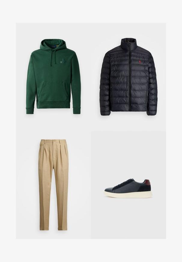 Svart puffjakke med høy krage, med kviltet tekstur og frontglidelås. Merkbar rød logo på brystet, to sidelommer.; Grønn hettegenser med framlomme, snorhette og brodert logodetail. Laget av mykt stoff med en teksturert overflate.; Beige linbukser med rett snitt, med to frontfold, knappeåpning og sidelommer. Teksturt stoff med en glatt finish.; Lave herresko i sort læder og ruskind med maroon hælflap og hvid gummisål, set fra ydersiden.