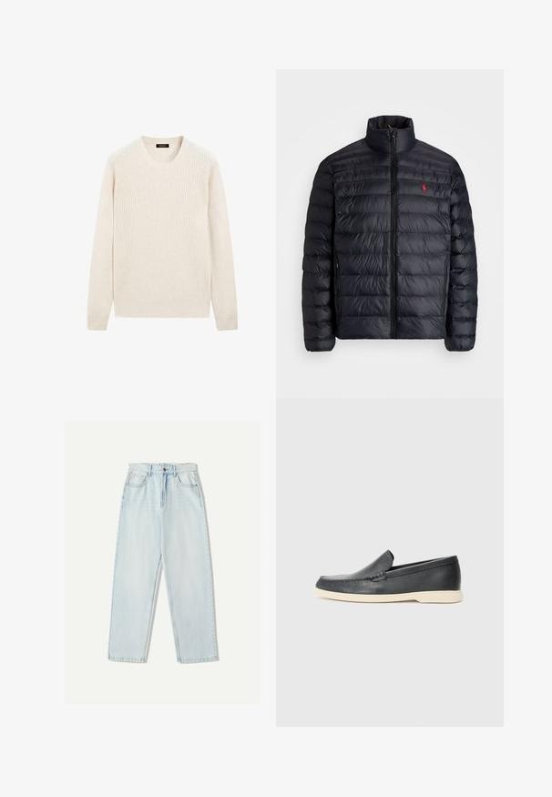 Zwarte pufferjas met hoge kraag, met een gequiltde textuur en een rits aan de voorkant. Opvallend rood logo op de borst, twee zijzakken.; Roomkleurige gebreide trui met ronde hals, lange mouwen en geribbelde boorden en zoom, plat neergelegd op een witte achtergrond.; Lichtblauwe denim jeans met een relaxte pasvorm, recht model, vijf zakken en subtiele vervaging in de stof.; Zwarte leren instappers met een gestructureerde afwerking en een contrasterende beige rubberen zool. Beschikt over een subtiele accent langs de voorkant.