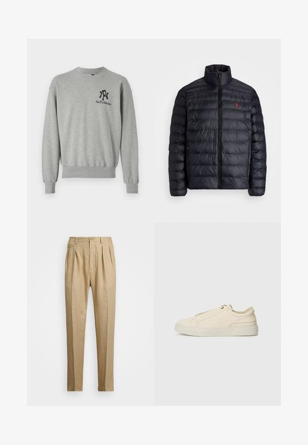 Must läikiv must puffer-jakk kõrge kraega, millel on distsiplineeritud õmmeldud tekstuur ja ettepoole avanev lukustus. Silmapaistev punane logo rinnal ja kaks küljetaskut.; Hallukrae neelu kättevõtted ja ääred. Ees on mustade grafikatega: kiri "R" ja "No Problemo" vasakul rinnal.; Bežid linasest püksid sirge lõikega, kahel esisel peenral, nööbiga kinnitamisel ja küljetaskutega. Tekstuuritud kangas sileda viimistlusega.; Beige nahkased kingad ümmarguse varbaga, minimalistlik disain, peened õmbluse detailid ja tekstureeritud pealispind, heledal tallal.