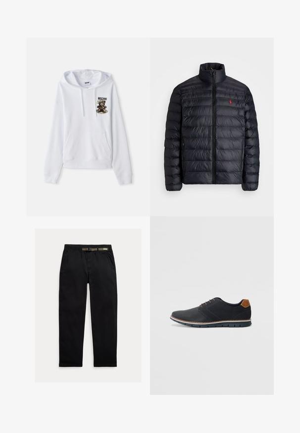 Casaco puffer preto com gola alta, apresentando textura acolchoada e um fecho à frente. Logotipo vermelho notável no peito, dois bolsos laterais.; Sweatshirt branco com bolso frontal, capuz com cordão, e um gráfico de urso com texto. Feito de tecido macio, possui punhos e bainha canelados.; Calças pretas feitas de um tecido leve, com uma cintura elástica com um cinto verde integrado, corte reto e bolsos laterais.; Sapatos sintéticos pretos com um upper texturizado, pormenores lisos, salto castanho e uma sola contrastante. Apresentam um sistema de atacadores mínimo e detalhes de costura.