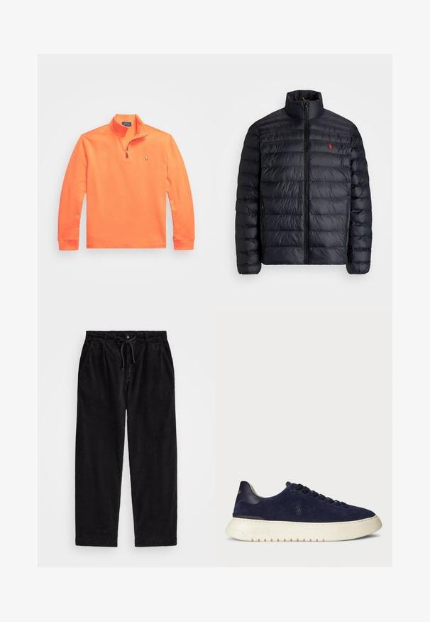 Casaco puffer preto com gola alta, apresentando textura acolchoada e um fecho à frente. Logotipo vermelho notável no peito, dois bolsos laterais.; Sweatshirt laranja com fecho zip, feito de um material de mistura de algodão, com colarinho alto, mangas longas e um pequeno logótipo no peito.; Calças de veludo cotelê pretas com um ajuste relaxado, apresentando uma cintura elástica com cordão e bolsos laterais. O tecido apresenta uma textura canalizada.; Sapatilha baixa em camurça azul-marinho com uma superfície texturizada, sola de borracha e atacadores tonais, apresentando um pequeno logótipo de lado e no calcanhar.