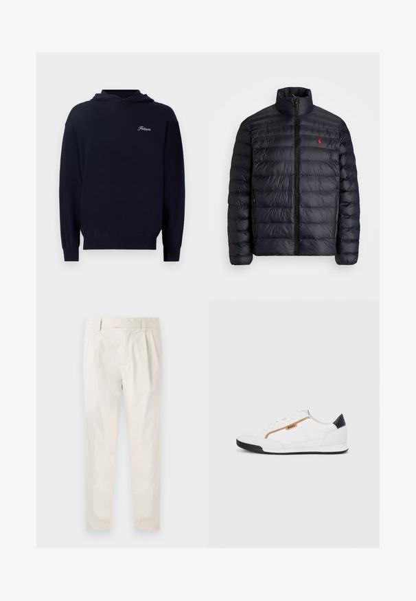 Fekete puffertakó magas gallérral, steppelt textúrával és elől cipzárral. Figyelemre méltó piros logóval a mellkason, két oldalsó zsebbel.; Sötétkék kapucnis pulóver puha anyagból, elülső zsebbel, bordás mandzsettákkal és egy kis fehér "Future" hímzéssel a mellrészen.; Fehér, pliszírozott nadrág, testre szabott szabással, sima felülettel, övhurkokkal és karcsú lábszárral. Nincs látható zseb vagy minta.; Fehér sportcipők, hálós és bőr díszítésekkel. Kiemelkedő arany "BOSS" logó, textúrázott oldalpanelekkel és fekete sarokkal. Gumi talp.