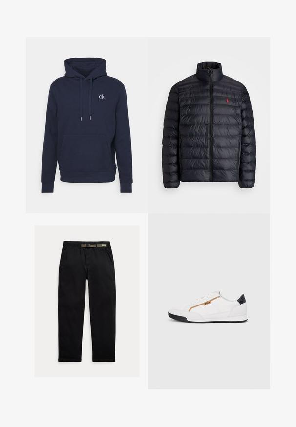 Black puffer jacket with a high collar, featuring quilted texture and a front zipper. Notable red logo on the chest, two side pockets.; Navy pullover hoodie made of soft fabric featuring a kangaroo pocket, drawstrings, and a small white logo on the chest.; Black pants made of lightweight fabric, featuring an elastic waistband with an integrated green belt, straight-leg cut, and side pockets.; White athletic shoes with mesh and leather accents. Features a gold "BOSS" logo, textured side panels, and a black heel cap. Rubber sole.