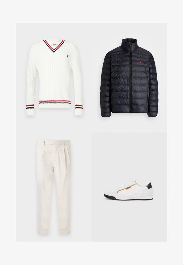 Musta puffatakki, jossa on korkea kaulus, tikkikuviointi ja etuvetoketju. Huomattava punainen logo rinnassa, kaksi sivutaskua.; Valkoinen palmikkoneulepusero V-aukolla, jossa on musta- ja punaraidalliset yksityiskohdat pääntiessä ja hihansuuissa sekä pieni kirjailtu kuvio.; Valkoiset, laskostetut housut, joissa on räätälöity istuvuus. Housut ovat sileäpintaiset, niissä on vyölenkit ja kapenevat lahkeet. Ei näkyviä taskuja tai kuvioita.; Valkoiset urheilukengät, joissa on verkkokudosta ja nahkaosia. Varustettu kultaisella "BOSS"-logolla, tekstuurillisilla sivupaneeleilla ja mustalla kantapäällä. Kumikanta.