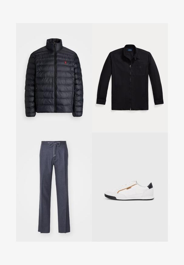 Sort pufferjakke med høj krave, præget med quiltet tekstur og lynlås foran. Bemærkelsesværdigt rødt logo på brystet, to sidelommer.; Sort jakke lavet af letvægtsstof, med lynlås foran, spidse krave og venstre brystlomme med logo. Lange ærmer med manchetter.; LARDINI Bukser - grey; Hvide atletiske sko med mesh og læderdetaljer. Har et gyldent "BOSS" logo, teksturerede sidepaneler og en sort hælkappe. Gummisål.