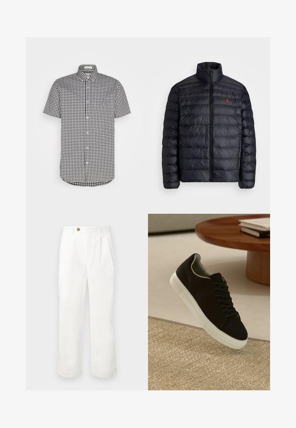 Geacă puf de culoare neagră, cu guler înalt, având o textură matlasată și un fermoar frontal. Logo roșu notabil pe piept, două buzunare laterale.; Cămașă cu mâneci scurte, cu nasturi, din material din bumbac, în carouri alb-negru, cu guler punctat și detaliu cu buzunar pe piept.; Pantaloni din bumbac alb, cu croi drept, având două pliseuri frontale, închidere cu un singur nasture și buzunare laterale. Textură netedă.; Pantof din material textil negru, cu talpă albă, plutind deasupra unui covor texturat bej, lângă o masă rotundă din lemn cu cărți stivuite.