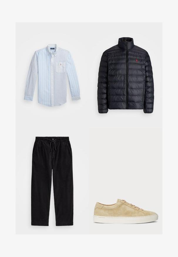 Svart puffjakke med høy krage, med kviltet tekstur og frontglidelås. Merkbar rød logo på brystet, to sidelommer.; Lyseblå skjorte med knappestolpe, med en kombinasjon av vertikale striper og rutete mønster. Har en enkelt brystlomme og brodert logo detaljer.; Svart corduroybukser med avslappet passform, med elastisk midjebånd og snor, samt sidelommer. Stoffet har ribbet tekstur.; Beige mockaskinn sneakers med lav profil, rund tå, og beige lisser. Har en hvit gummisåle og diskret merking på siden.