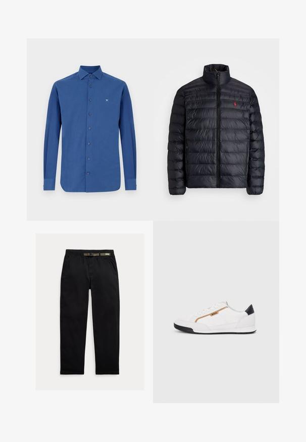 Juodas pūkuotas džemperis su aukštu apykakle, turintis siuvinėtą tekstūrą ir užtrauktuką priekyje. Pastebimas raudonas logotipas ant krūtinės, dvi šoninės kišenės.; Mėlynas ilgomis rankovėmis medvilnės marškinis, turintis mygtukų užsegimą, klasikinius apykaklę ir subtilų logotipą išsiuvinėtą ant krūtinės.; Juodos kelnės, pagamintos iš lengvo audinio, su elastinga juosta ir integruota žalia diržo dalimi, tiesaus kirpimo ir šonomis kišenėmis.; Balti sportiniai bateliai su tinklinėmis ir odinėmis detalėmis. Yra auksinė "BOSS" logotipas, tekstūruoti šonai ir juodas kulno dangtelis. Guminis padas.