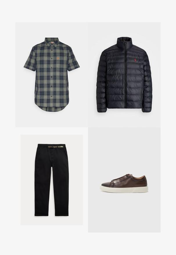 Casaco puffer preto com gola alta, apresentando textura acolchoada e um fecho à frente. Logotipo vermelho notável no peito, dois bolsos laterais.; Camisa de manga curta em padrão xadrez azul-marinho e oliva. Apresenta uma gola com botões, uma bainha arredondada e uma pequena etiqueta de couro com o logótipo no peito.; Calças pretas feitas de um tecido leve, com uma cintura elástica com um cinto verde integrado, corte reto e bolsos laterais.; Sapatilha de couro castanho com bico arredondado, sola de borracha branca em contraste, detalhes costurados e sem atacadores visíveis. Textura lisa em todo o conjunto.