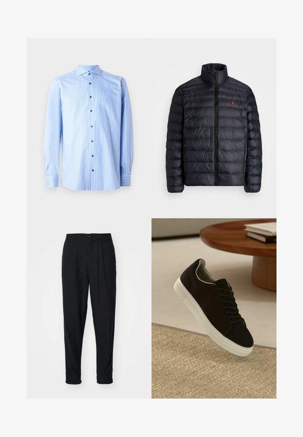 Sort pufferjakke med høj krave, præget med quiltet tekstur og lynlås foran. Bemærkelsesværdigt rødt logo på brystet, to sidelommer.; Lyseblå skjorte med knapper, hvide lodrette striber, lange ærmer og spredt krave. Har blå knapper og manschetaksecentuer.; Sorte linnedragt med en afslappet pasform, der har en knaplukning, plisseringer og rullede kanter. Glat tekstur og minimalistisk design.; Sort sneaker med hvid sål svævende over en beige tekstureret tæppe nær et rundt trætabel med stablede bøger.