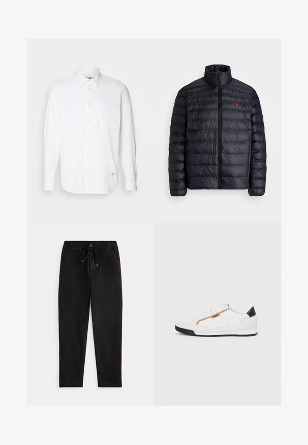 Must läikiv must puffer-jakk kõrge kraega, millel on distsiplineeritud õmmeldud tekstuur ja ettepoole avanev lukustus. Silmapaistev punane logo rinnal ja kaks küljetaskut.; Valge pikakä sleevesärk, mis on valmistatud puuvillast, nööbiga kraega, ühe rinna taskuga ja peene tekstuuriga kangast.; Mustad mustad püksid elastse vöökoha, stringi sõlme, ees oleva nupuga ja küljetaskutega, esitatud ühetoonilise tausta peal.; Valged sportlikud jalatsid, millel on võrkkangas ja nahkdetailid. Omab kuldset "BOSS" logo, tekstureeritud külgpaneele ja musta kontsakaant. Kummist tallad.