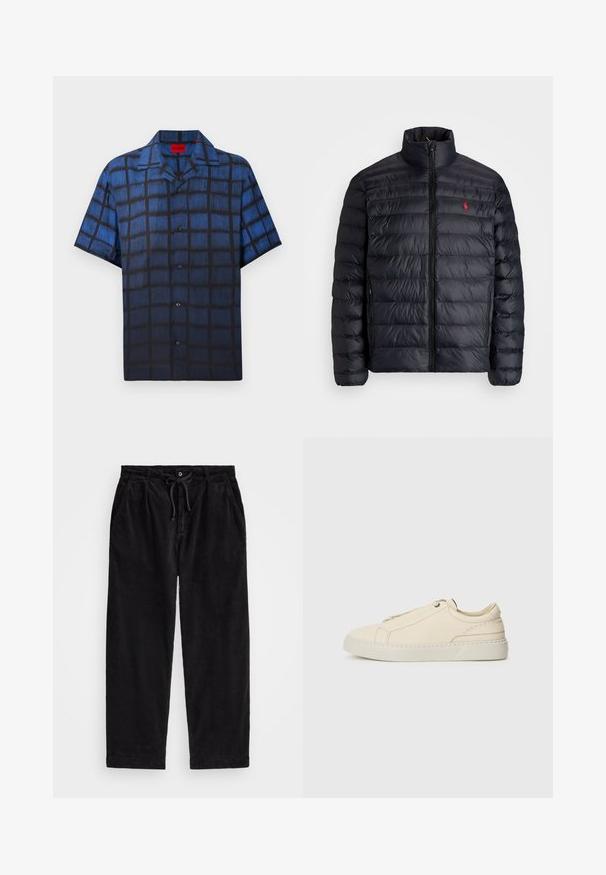 Geacă puf de culoare neagră, cu guler înalt, având o textură matlasată și un fermoar frontal. Logo roșu notabil pe piept, două buzunare laterale.; Cămașă pentru bărbați cu mânecă scurtă, cu nasturi, model cu pătrățele texturate în nuanțe de albastru și negru și guler tip răspândit.; Pantaloni negri din catifea cu o croială lejera, având un tiv elastic cu șnur și buzunare laterale. Materialul prezintă o textură ribbed.; Adidași din piele bej cu vârful rotunjit, design minimalist, detalii subtile de cusătură și un superior texturat, pe o talpă deschisă.