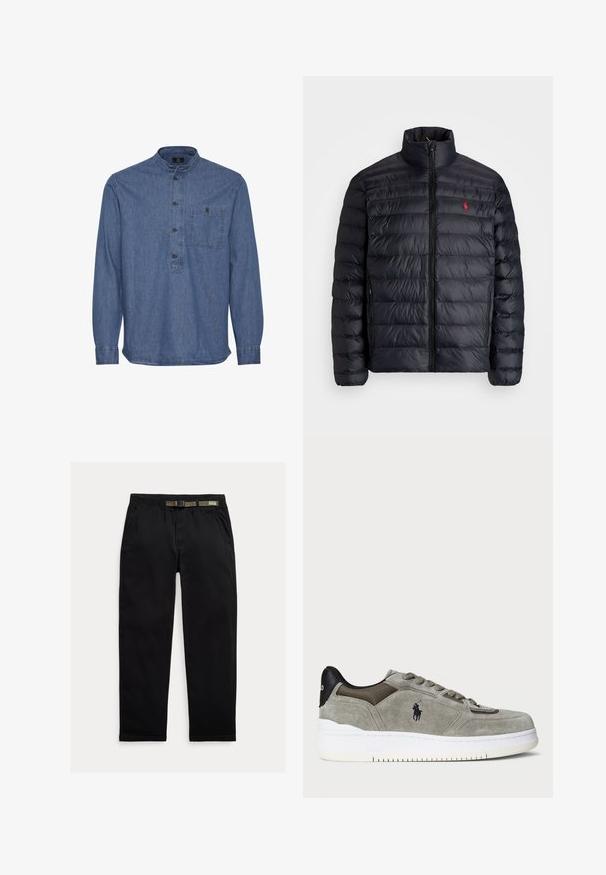Czarna kurtka puchowa z wysokim kołnierzem, posiadająca pikowaną strukturę i zamek z przodu. Wyraźne czerwone logo na piersi, dwa boczne kieszenie.; Koszula dżinsowa w średnim niebieskim kolorze. Posiada kołnierz typu band, przedni panel z guzikami oraz jedną kieszeń na piersi. Długie rękawy z mankietami.; Czarne spodnie wykonane z lekkiego materiału, z elastycznym paskiem wbudowanym w zielony pas, prostą nogawką oraz bocznymi kieszeniami.; Szare zamszowe sneakersy z teksturowaną cholewką, kontrastującym czarnym zapiętkiem, białą podeszwą oraz haftowanym logo. Zapięcie na sznurówki z sześcioma oczkami.