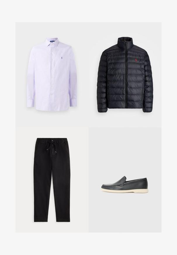 Casaco puffer preto com gola alta, apresentando textura acolchoada e um fecho à frente. Logotipo vermelho notável no peito, dois bolsos laterais.; Camisa de botão lilás claro em padrão xadrez, com colarinho clássico, mangas longas e um pequeno logotipo bordado no peito.; Calças casuais pretas com cintura elástica, cordão de ajuste, botão frontal e bolsos laterais, exibidas sobre um fundo simples.; Mocassins pretos em couro com acabamento texturizado e sola de borracha bege em contraste. Apresenta um detalhe subtil na parte da frente.