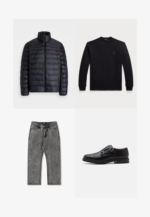 Črna napihnjena jakna z visokim ovratnikom, z quiltano teksturo in sprednjim zadrgo. Opazen rdeč logotip na prsih, dve stranski žepu.; Dolga črna bombažna srajca z dolgimi rokavi in okroglim izrezom, ki ima na prsih majhen rdeč logotip. Gladka tekstura in prilegajoč dizajn.; Sive spodnje hlače iz denima z uničenim videzom, ravnimi nogavicami in petimi žepi. Na pasu je oznaka z napisom "FORMER".; Črne usnjene oblečne čevlje z dvojnim zapiranjem, okroglo nos, subtilno šivanje in ravnim, teksturiranim gumijastim podplatom.