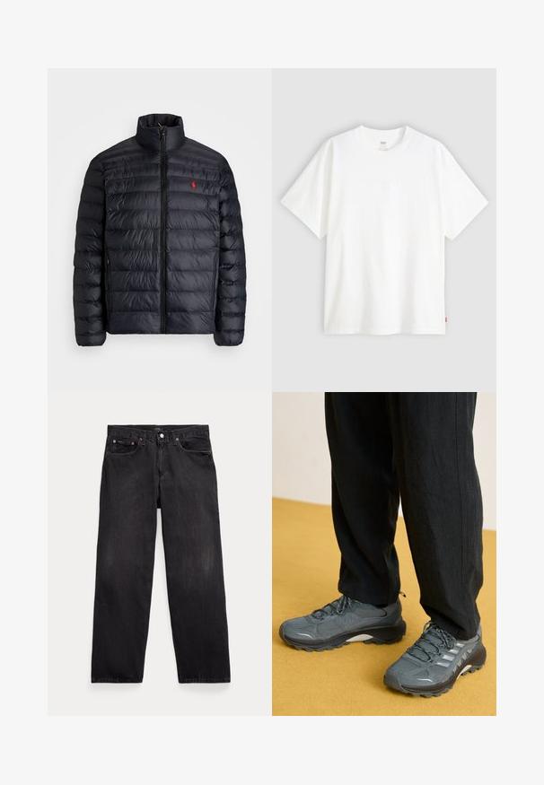 Črna napihnjena jakna z visokim ovratnikom, z quiltano teksturo in sprednjim zadrgo. Opazen rdeč logotip na prsih, dve stranski žepu.; Bela kratka majica s kratkimi rokavi iz bombaža s krožnim izrezom. Ima diskretno embosirano logotipno podrobnost spredaj in rdečo etiketo na robu.; Črne denim kavbojke z sproščenim krojem, ki imajo pet žepov, gumbasto zadrgo in subtilno zbledelost po celotnem materialu.; Sive mrežaste in sintetične atletske čevlje z izrazitim podplatom, odsevnimi detajli in zavezovanjem, v kombinaciji z ohlapnimi črnimi hlačami.