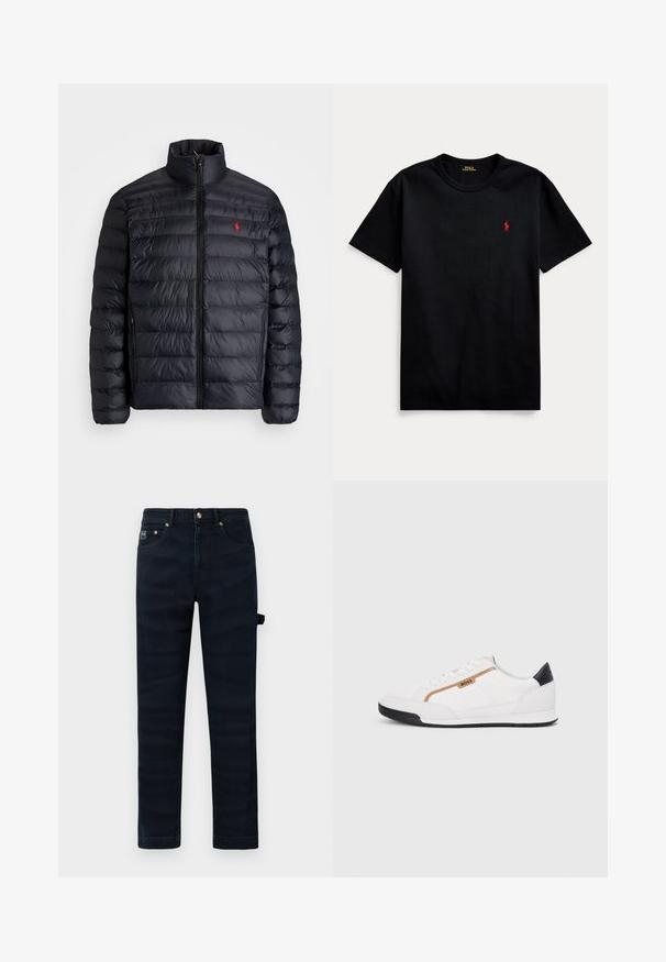 Casaco puffer preto com gola alta, apresentando textura acolchoada e um fecho à frente. Logotipo vermelho notável no peito, dois bolsos laterais.; T-shirt de algodão preto com mangas curtas, decote redondo e pequeno logo bordado a vermelho no lado esquerdo do peito. Textura suave, design casual.; Jeans retos de cor azul-escura com bolsos frontais, passagens para cinto e um detalhe de laço lateral na perna direita.; Tênis atléticos brancos com detalhes em malha e couro. Apresenta um logotipo dourado "BOSS", painéis laterais texturizados e um capô de calcanhar preto. Sola em borracha.