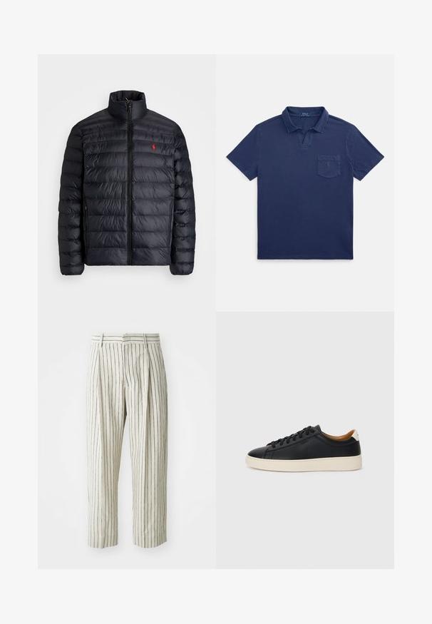 Casaco puffer preto com gola alta, apresentando textura acolchoada e um fecho à frente. Logotipo vermelho notável no peito, dois bolsos laterais.; Camisola pólo azul-marinho de algodão, com gola dobrada, mangas curtas e um bolso no peito com um pequeno detalhe de logótipo.; Calças listradas brancas feitas de um tecido leve, apresentando um corte solto, pregas e uma cintura com passantes de cinto. Listras verticais em azul-marinho.; Tenis de couro preto com uma textura suave, sola de borracha bege, design de atar e um destaque no calcanhar em contraste.