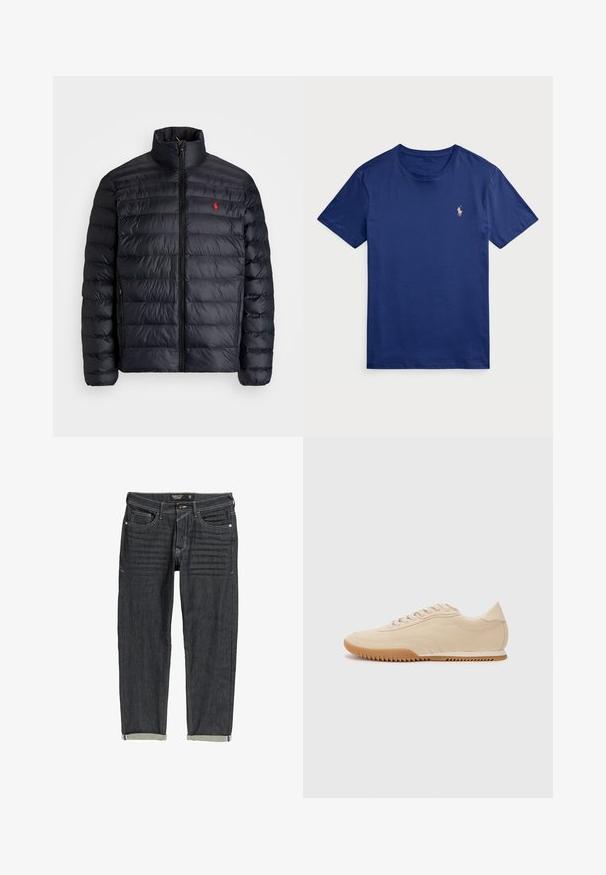 Juodas pūkuotas džemperis su aukštu apykakle, turintis siuvinėtą tekstūrą ir užtrauktuką priekyje. Pastebimas raudonas logotipas ant krūtinės, dvi šoninės kišenės.; Tamsiai mėlynas medvilnės marškinėliai su trumpomis rankovėmis, apvalia iškirpte ir mažyčiu auksiniu siuvinėtu logotipu su polo žaidėju kairėje krūtinės pusėje.; Tamsiai mėlynos džinsinės kelnės su tiesiu kirpimu, šviesiomis siūlėmis, penkiais kišenėmis ir apvyniotais iškulniais. Textūruotas audinys.; Bežiniai zomšiniai sportbačiai su išskirtiniu dizainu, turintys tekstūruotą viršų, apvalią nosį ir guminį pado su zigzagų raštu.