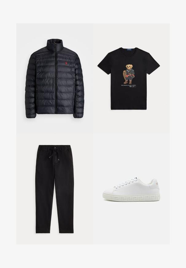 Čierna páperová bunda s vysokým golierom, s prešívanou textúrou a predným zipsom. Znateľné červené logo na hrudi, dve bočné vrecká.; Čierne tričko s okrúhlym výstrihom s grafikou medveďa v slnečných okuliaroch, zimnom oblečení a držiaceho snežnicu, označené "Polo Bear by Ralph Lauren".; Čierne voľné nohavice s elastickým pásom, šnúrkou na stiahnutie, predným gombíkom a postrannými vreckami, vystavené na jednoduchej pozadí.; Biele tenisky s hladkým koženým vrchom, plochými šnúrkami a vzorovanou gumovou podrážkou s geometrickým dizajnom. Jemná logo akcentácia na boku.