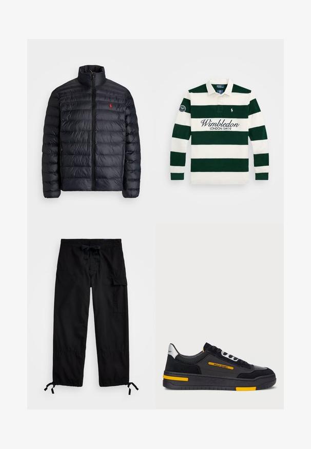 Svart puffjakke med høy krage, med kviltet tekstur og frontglidelås. Merkbar rød logo på brystet, to sidelommer.; Grønn og hvit striped langermet polo shirt med krage, med broderi av "Wimbledon LONDON SW19" og en tennismerke på ermet.; Sorte cargo bukser med elastisk talje og snorebetaling. Har sidelommer og justerbare mansjetter med stoppere. Laget av lett stoff.; Svarte joggesko med overdel i semsket skinn og netting, gule detaljer og en tykk svart såle. Snøring og "POLO SPORT" merke på siden.