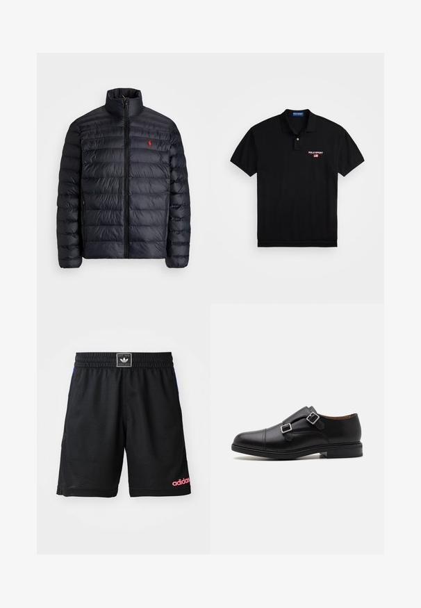 Casaco puffer preto com gola alta, apresentando textura acolchoada e um fecho à frente. Logotipo vermelho notável no peito, dois bolsos laterais.; Polo Ralph Lauren SHORT SLEEVE - Polo - black/white; Calções atléticos pretos feitos de um tecido texturizado e respirável. Apresenta um cós elástico e um logótipo rosa "adidas" no canto inferior direito.; Sapata de couro preto com fecho de fivela dupla, biqueira arredondada, costura subtil e sola de borracha texturada e plana.